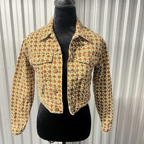 Reformation Cora Denim Jacket Retro Geometric Print XS Rare Sustainable - Picture 12 of 12